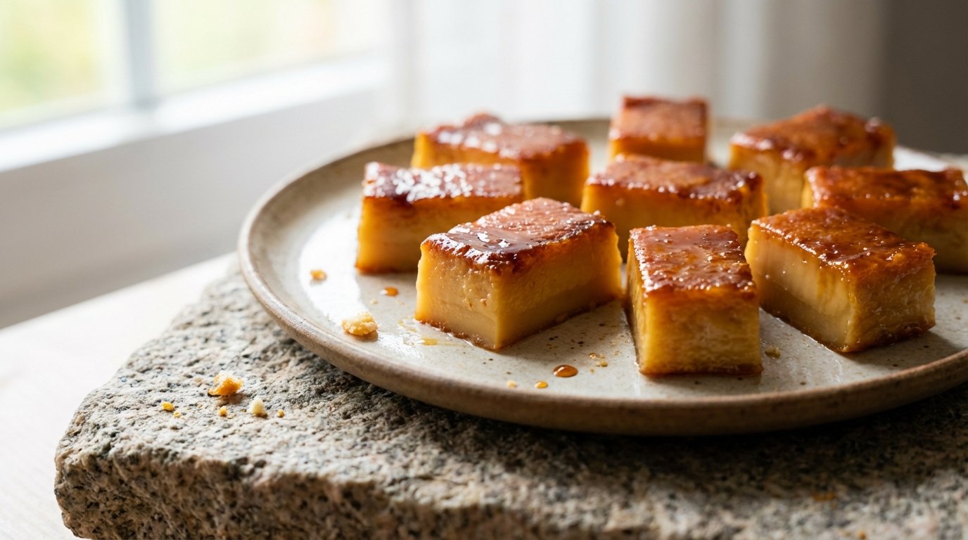 Cubos de flan caramelo servidos en un plato en una mesa de piedra