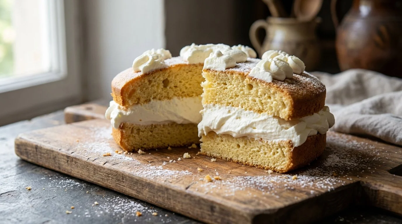 Pastel de tres leches cortado por la mitad en una tabla de madera con crema y polvo de azúcar encima, en un ambiente rústico con decoración de cerámicas y una ventana al fondo.