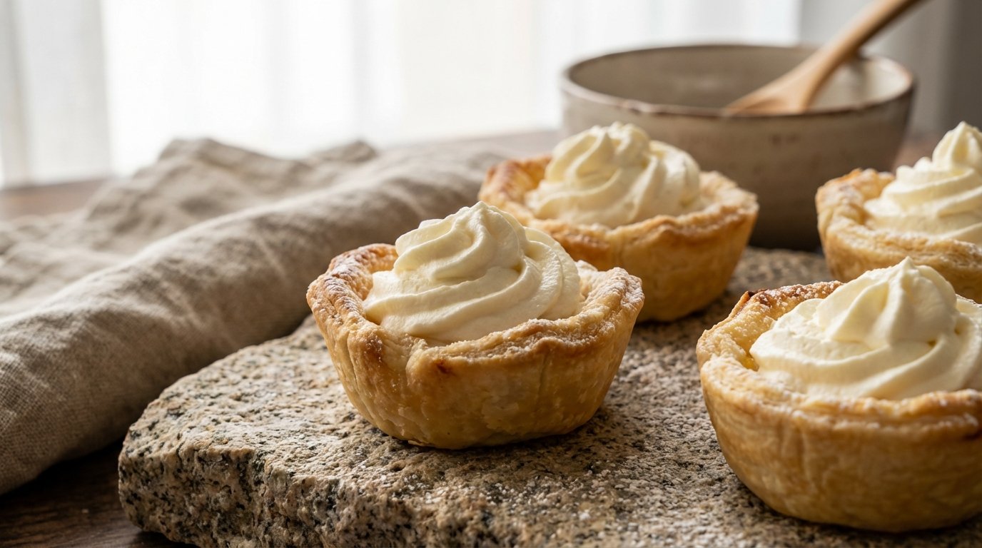 Cuatro tartaletas con crema en una tabla de piedra y un bol en el fondo.