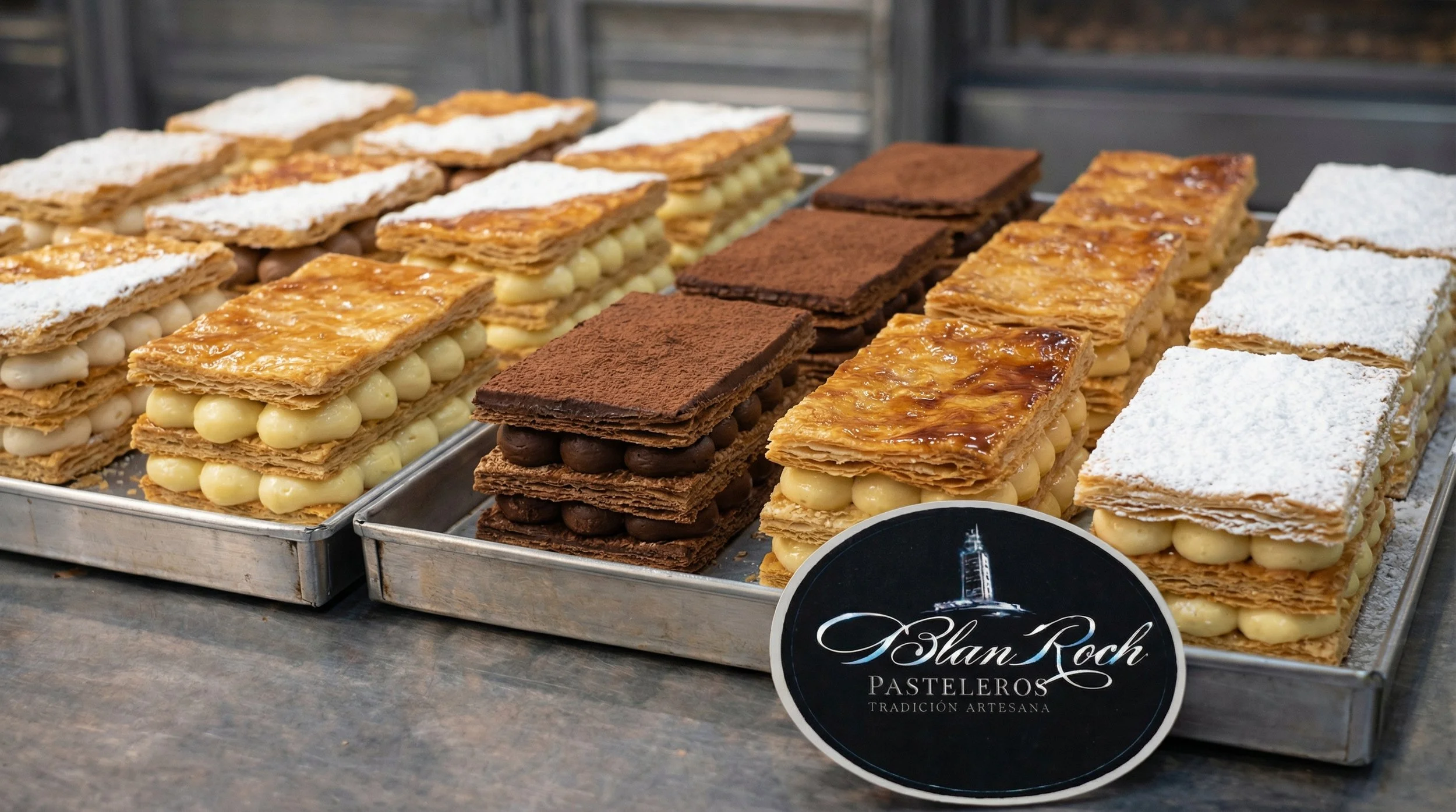Variedad de pasteles artesanales en bandejas con diferentes sabores y coberturas, en una presentación elegante en una repisa, con un cartel que dice "Izan Roch Pasteleros Tradición Artesana".