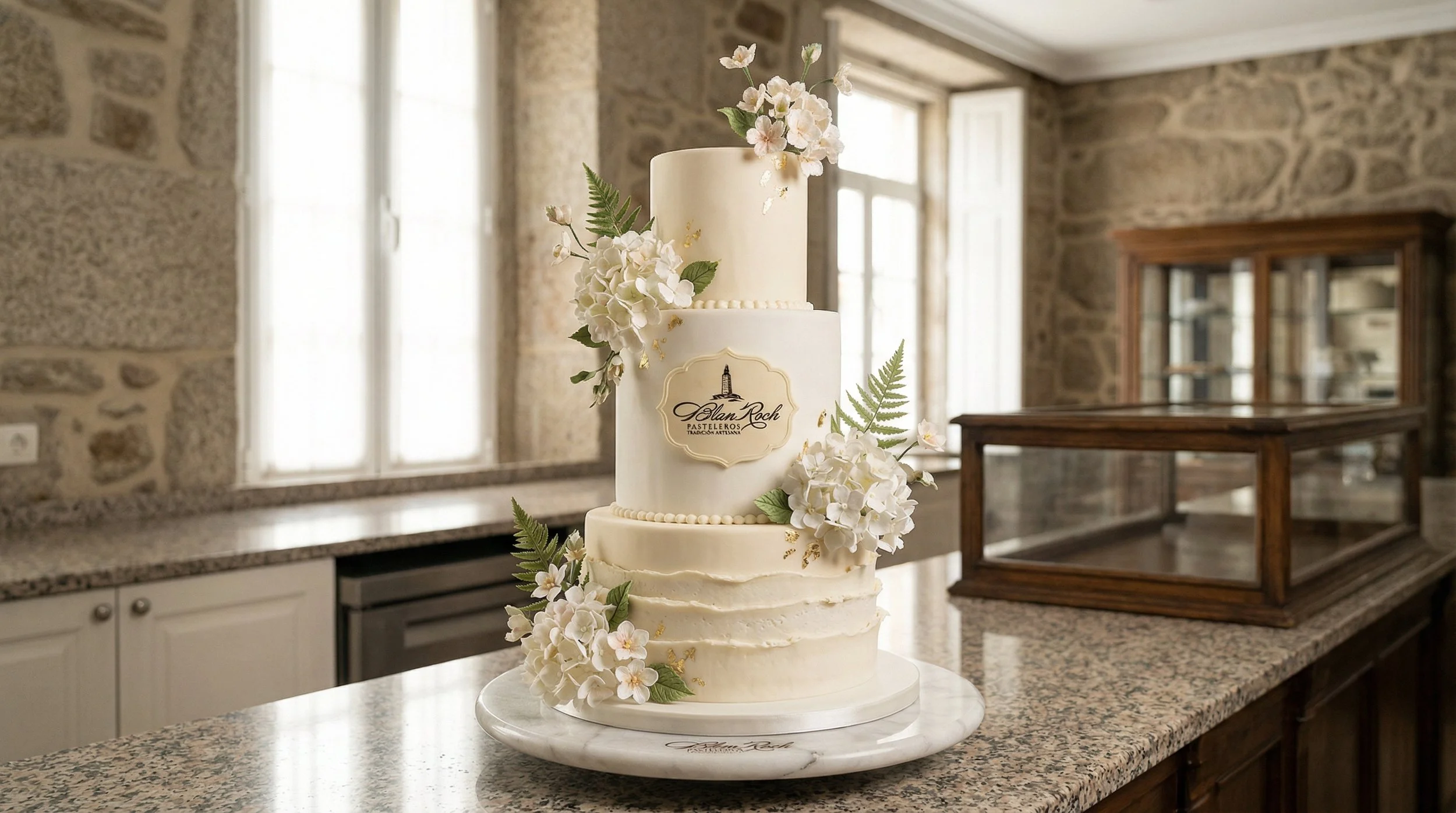 Pastel de boda de tres niveles decorado con flores blancas y hojas verdes en una mesa de granito, en una cocina con paredes de piedra y ventanas con cortinas blancas.