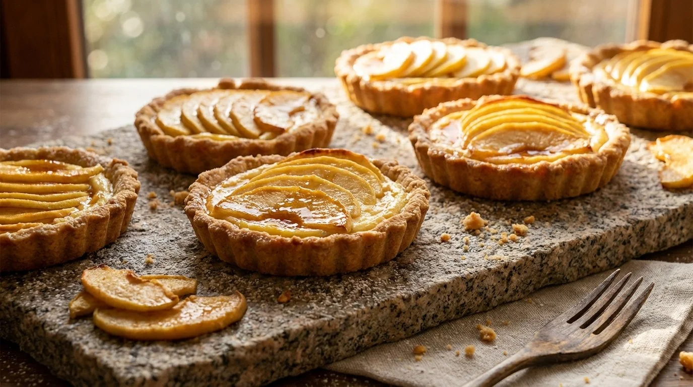 Tartaletas de manzana sobre una piedra de mármol con un tenedor de madera a un lado.