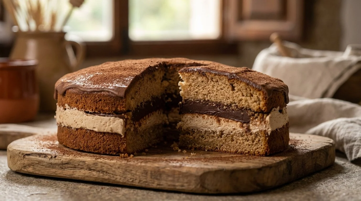 Pastel de chocolate con capas de crema y mermelada en un plato de madera sobre una mesa de piedra, en un ambiente rústico con ventanas al fondo.