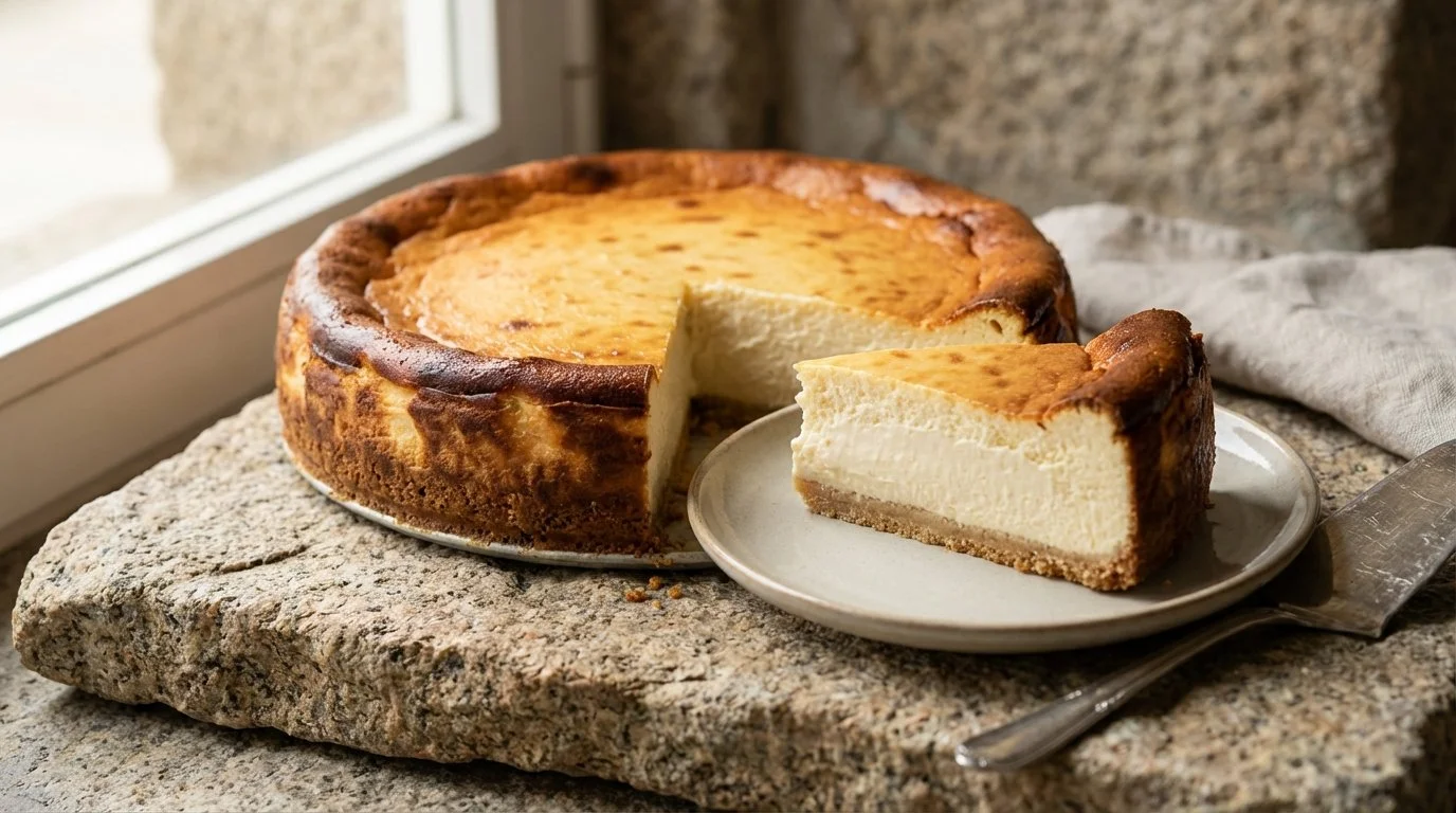 Pastel de queso con una rebanada servido en un plato blanco, sobre una mesa de granito frente a una ventana.