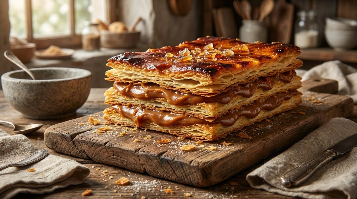 Tarta de milho con varias capas de masa y dulce de leche, decorada con azúcar y manteca en un ambiente rústico.