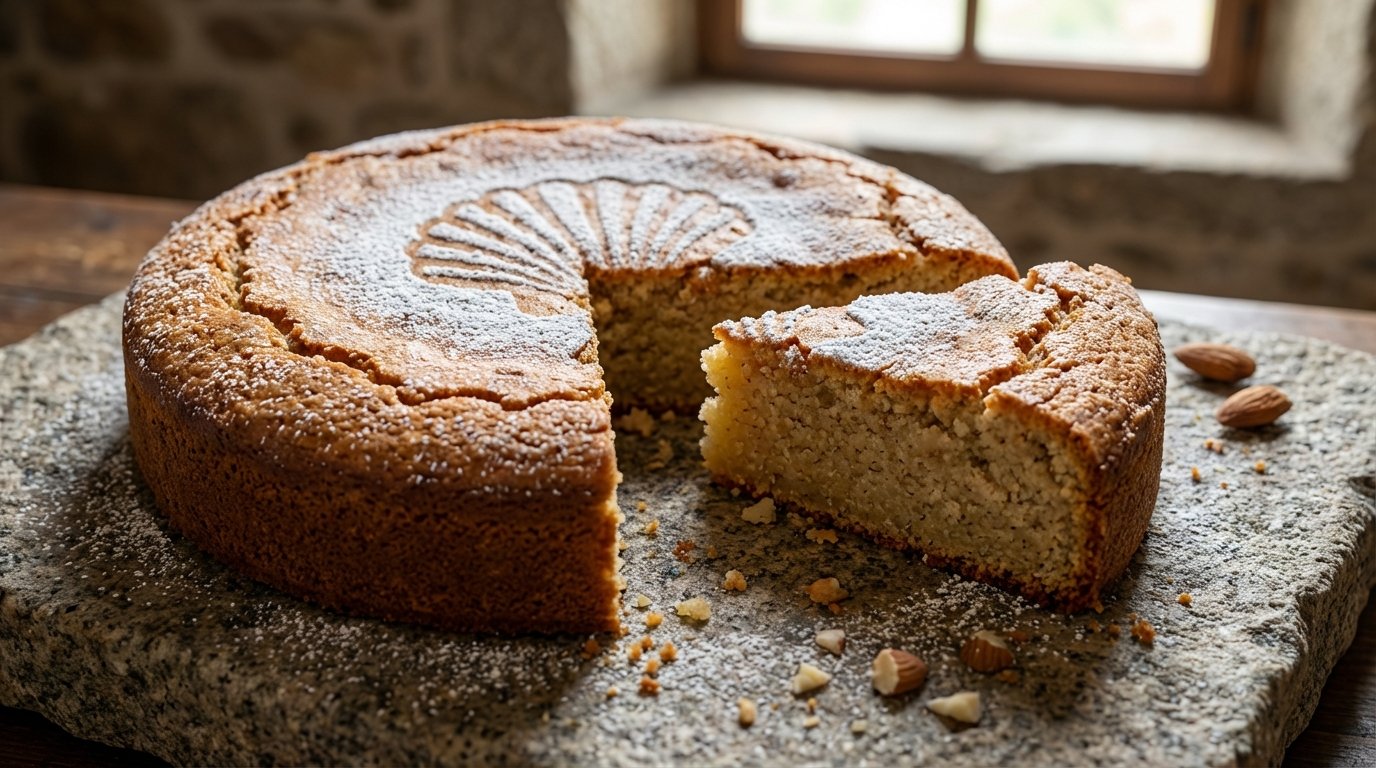 Pastel de almendra con una porción servida, sobre piedra con polvo de azúcar y almendras picadas