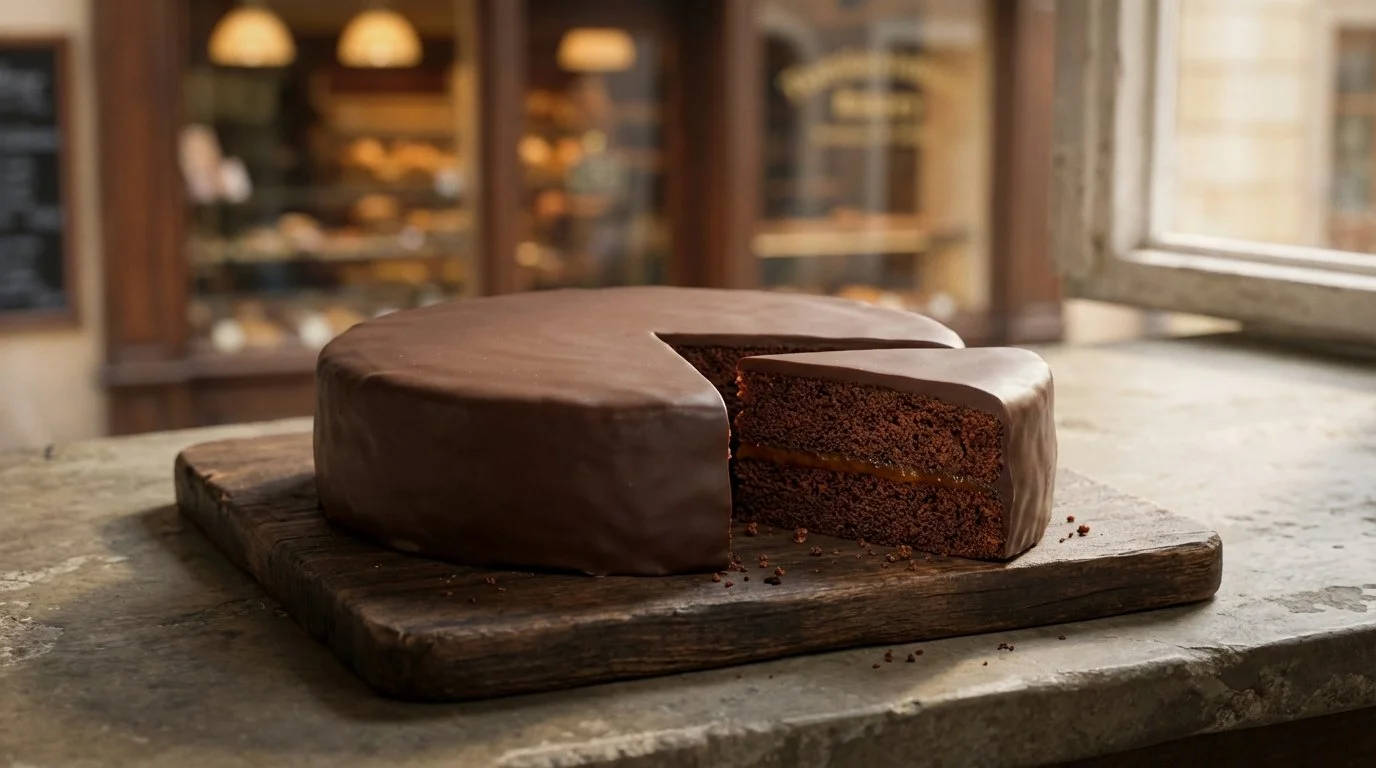 Pastel de chocolate con relleno de mermelada en una tabla de madera, en un ambiente de panadería con vitrinas de productos horneados.