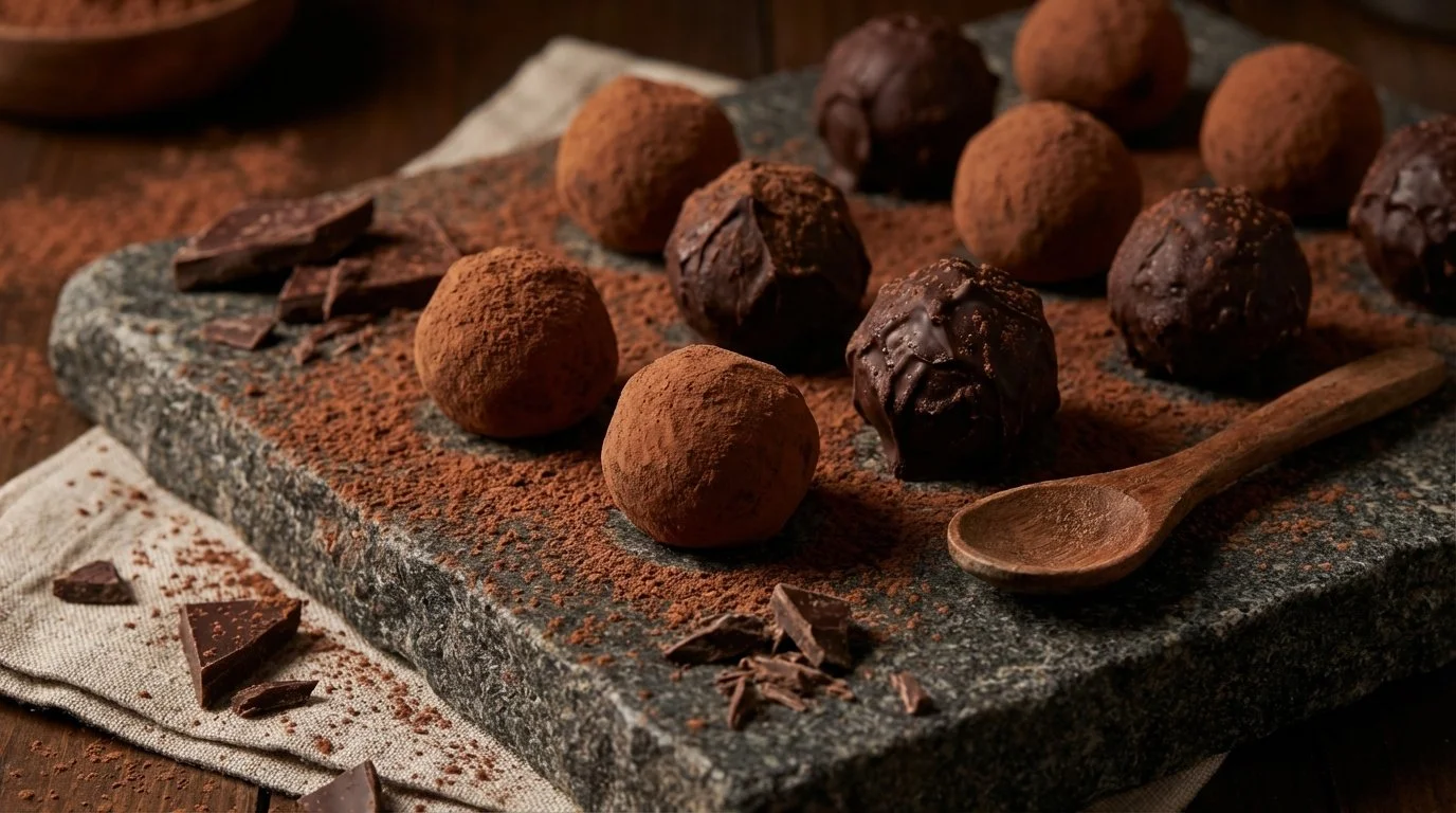 Bolas de chocolate y cacao en polvo sobre una tabla de piedra con trozos de chocolate y una cuchara de madera.