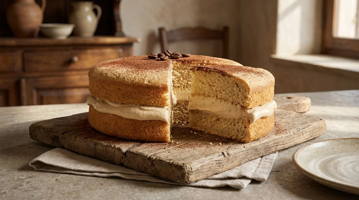 Pastel de chocolate con relleno cremoso en una tabla de madera en una cocina rusticá.