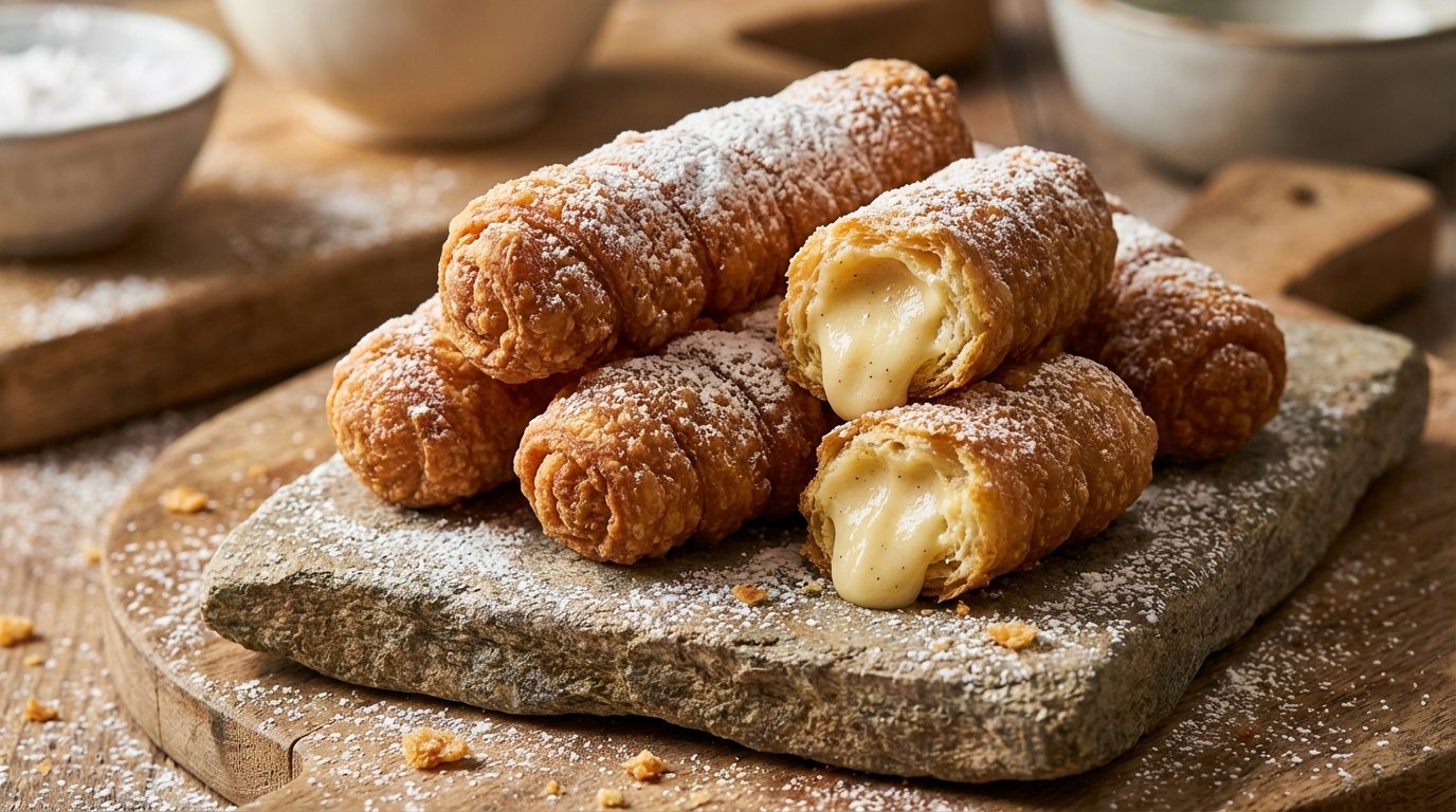 Cuatro conos de mozzarella con relleno cremoso, empanizados y rociados con azúcar glas, sobre una tabla de piedra en una mesa de madera.