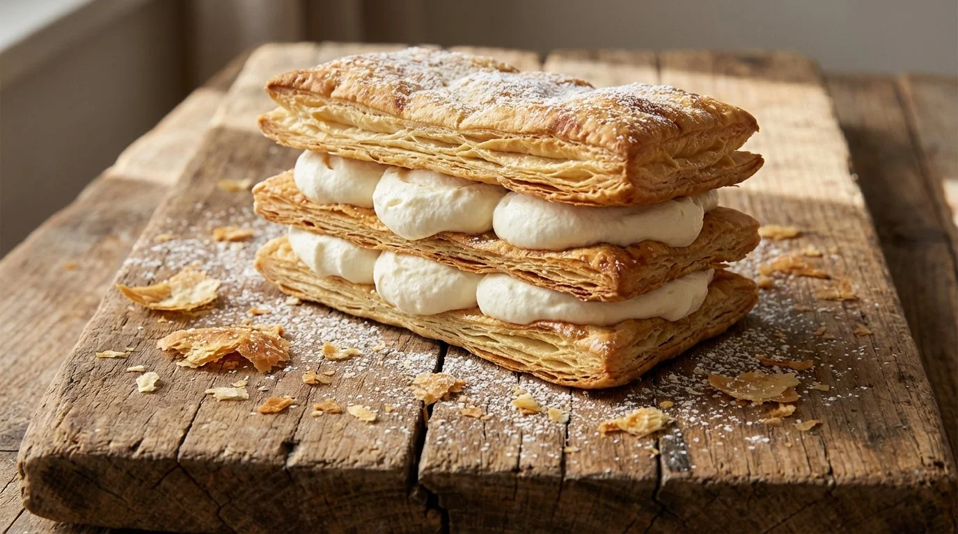 Una torre de pastelitos de hojaldre con crema, sobre una mesa de madera, con polvo de azúcar espolvoreado.