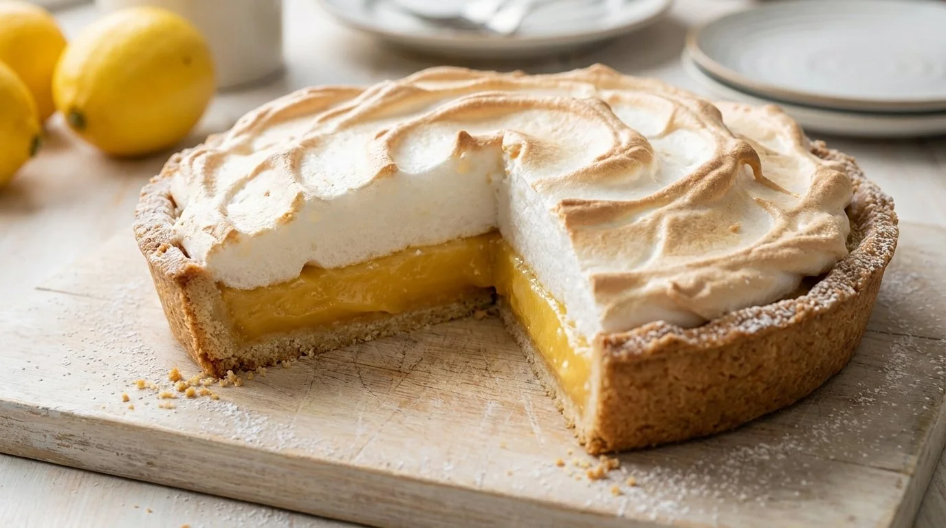 Tarta de limón con merengue en un plato, parcialmente cortada