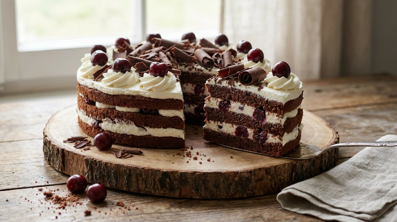 Pastel de chocolate con cerezas y crema, decorado con virutas de chocolate y cerezas en la parte superior, sobre una tabla de madera.