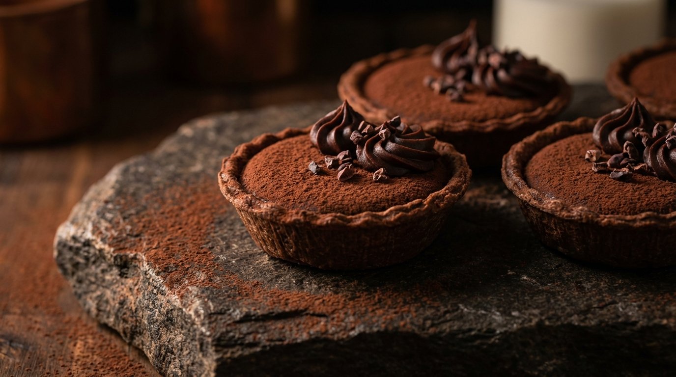 Cuatro tartas de chocolate decoradas con crema y virutas de chocolate en una superficie de piedra