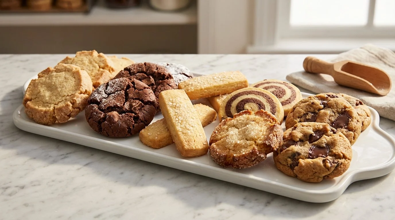 Variedad de galletas diferentes sobre un plato blanco en una mesa de mármol con una cuchara de madera y un paño cercano.