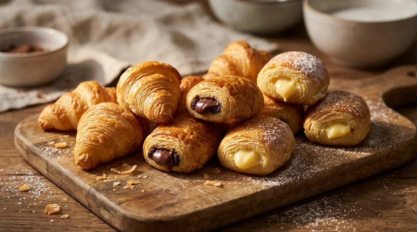 Una bandeja de madera con croissants y pasteles rellenos de crema y chocolate, decorados con azúcar en polvo.