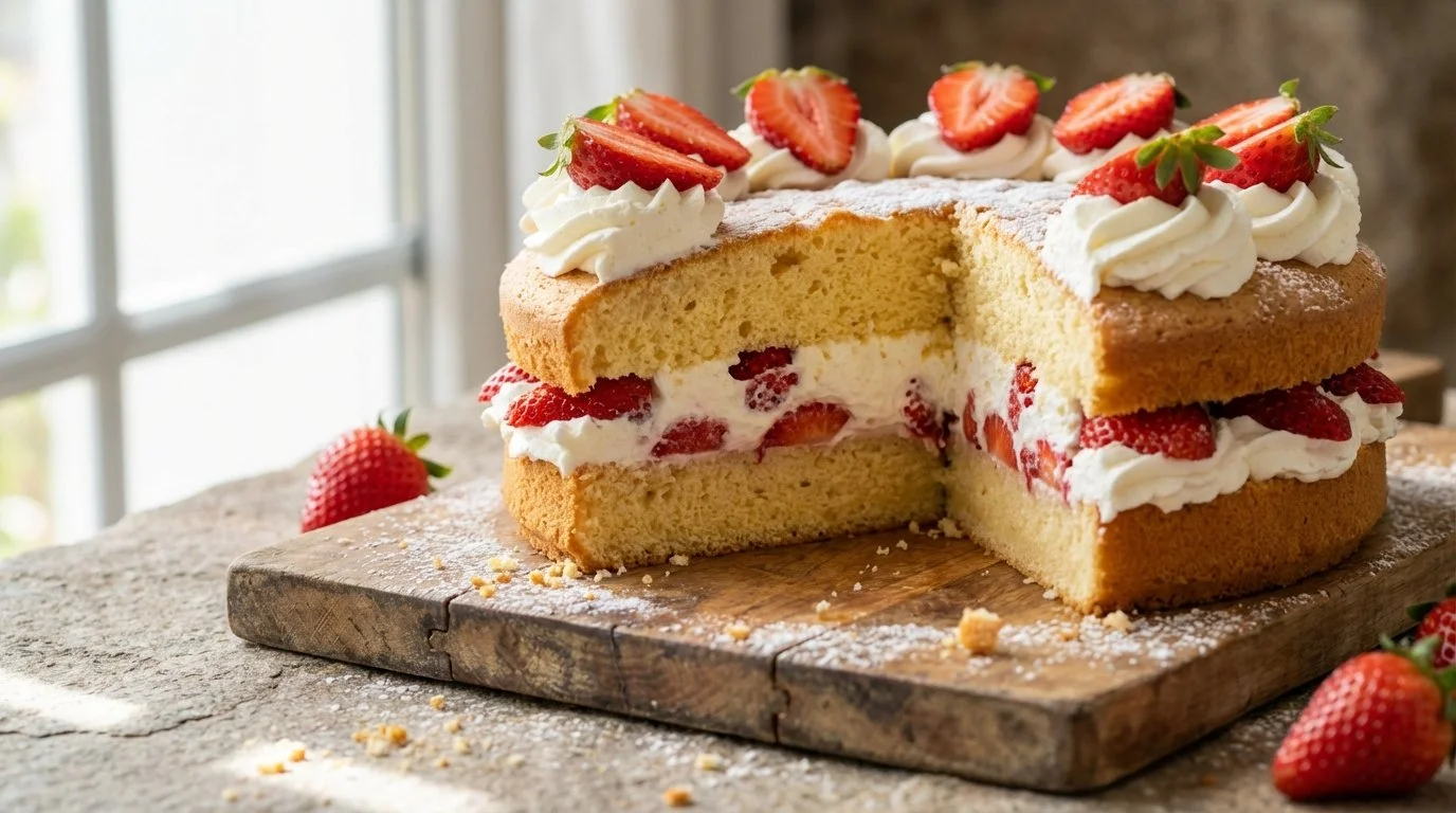Pastel de cumpleaños de vainilla con frutas y crema, con una porción cortada, decorado con fresas por encima, en una mesa de madera.