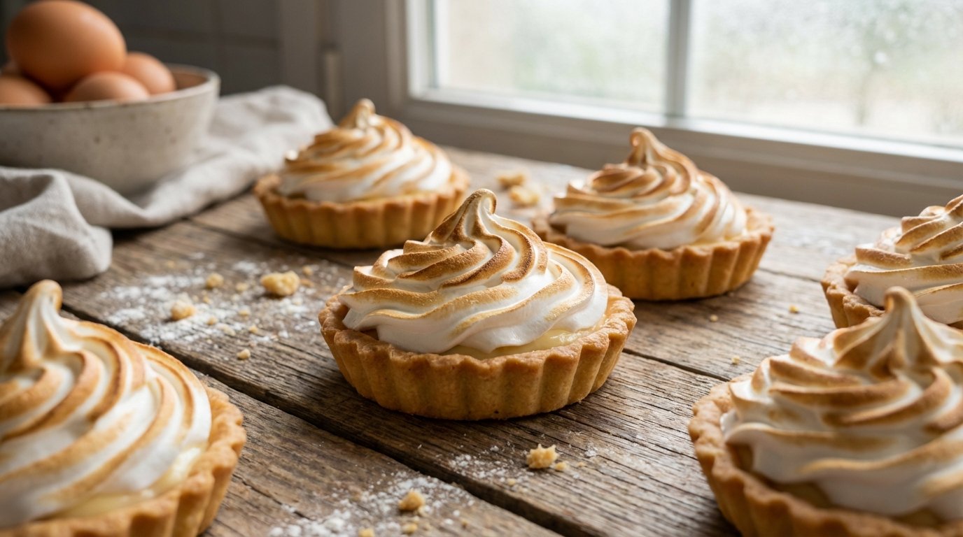 Pastelitos de merengue en una mesa de madera junto a huevos en un recipiente cerca de una ventana