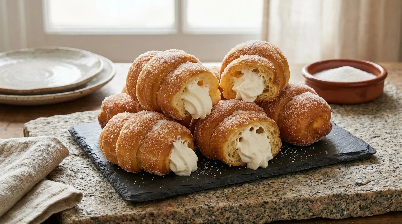 Cremas rellenas de crema en forma de rollos con azúcar espolvoreada, sobre una tabla de piedra, con platos y azúcar en el fondo.