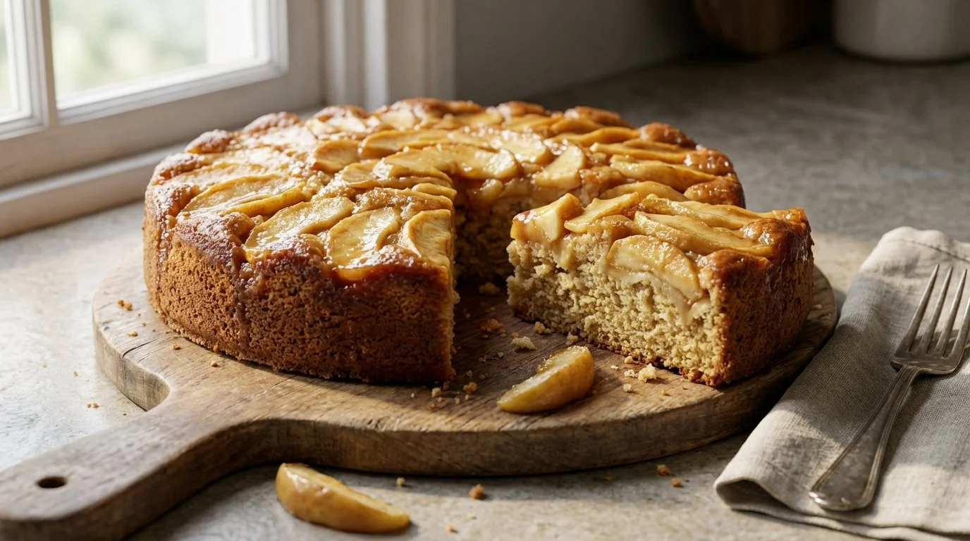 Pastel de manzana en una tabla de madera junto a cubiertos y pano de cocina.