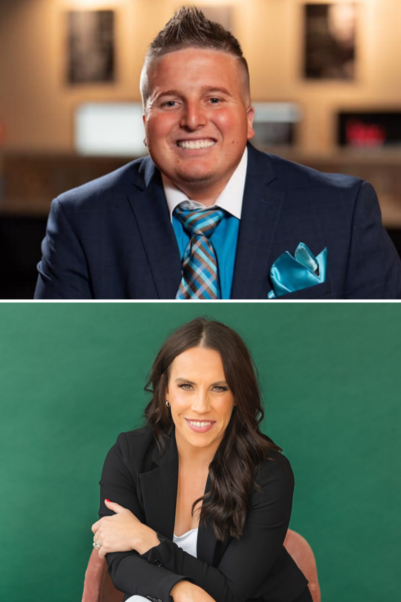 Portrait of a man in a suit and tie, smiling, with a blurred background, and a woman with long dark hair, wearing a black blazer and sitting against a green backdrop, smiling.