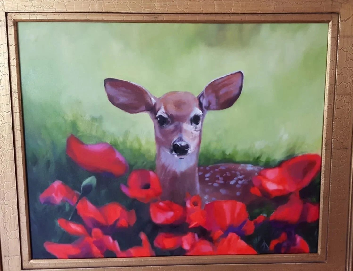 Fawn and Poppies, 2016, 24x30 Oil on canvas. SOLD