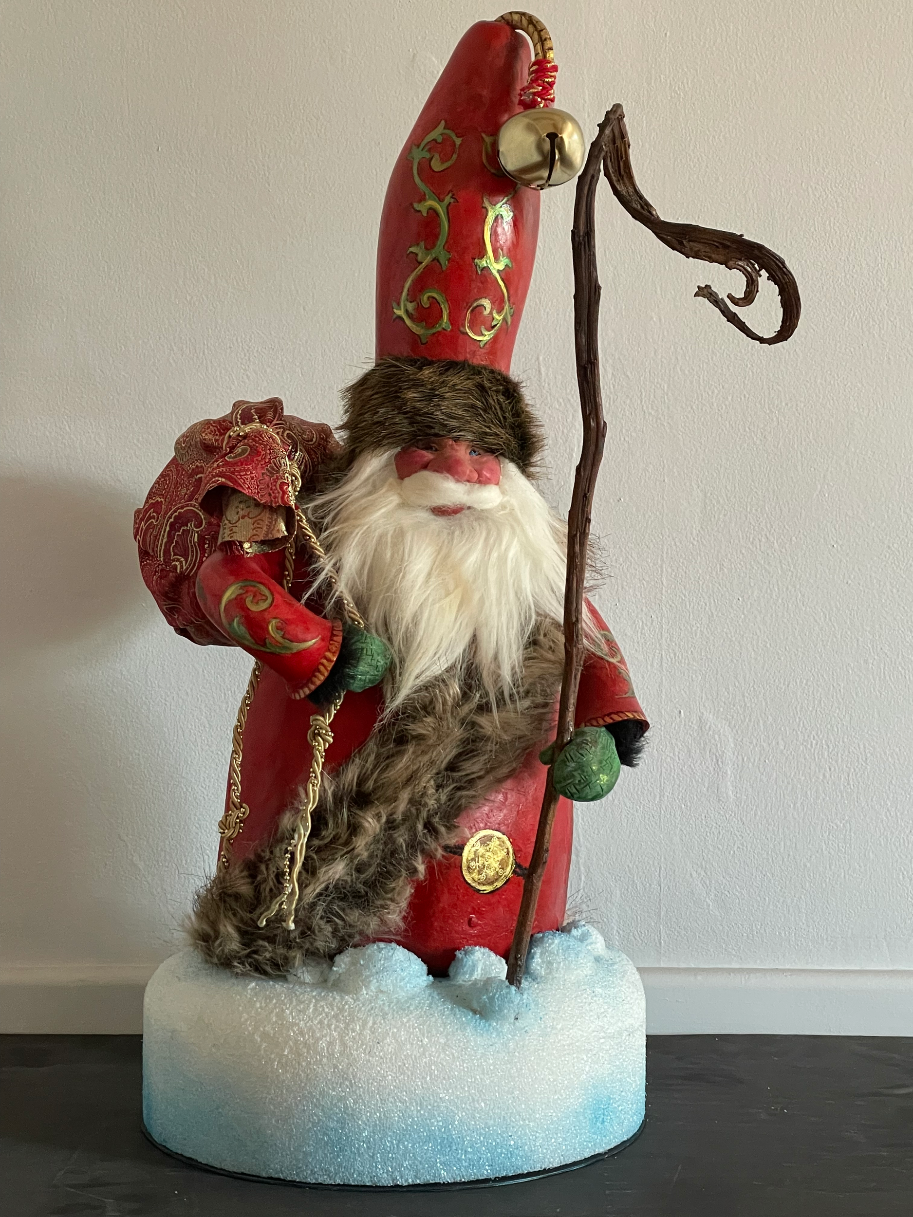 Santa Claus, 2024, 32" Gourds, polymer clay and fabric. PRIVATE COLLECTION.