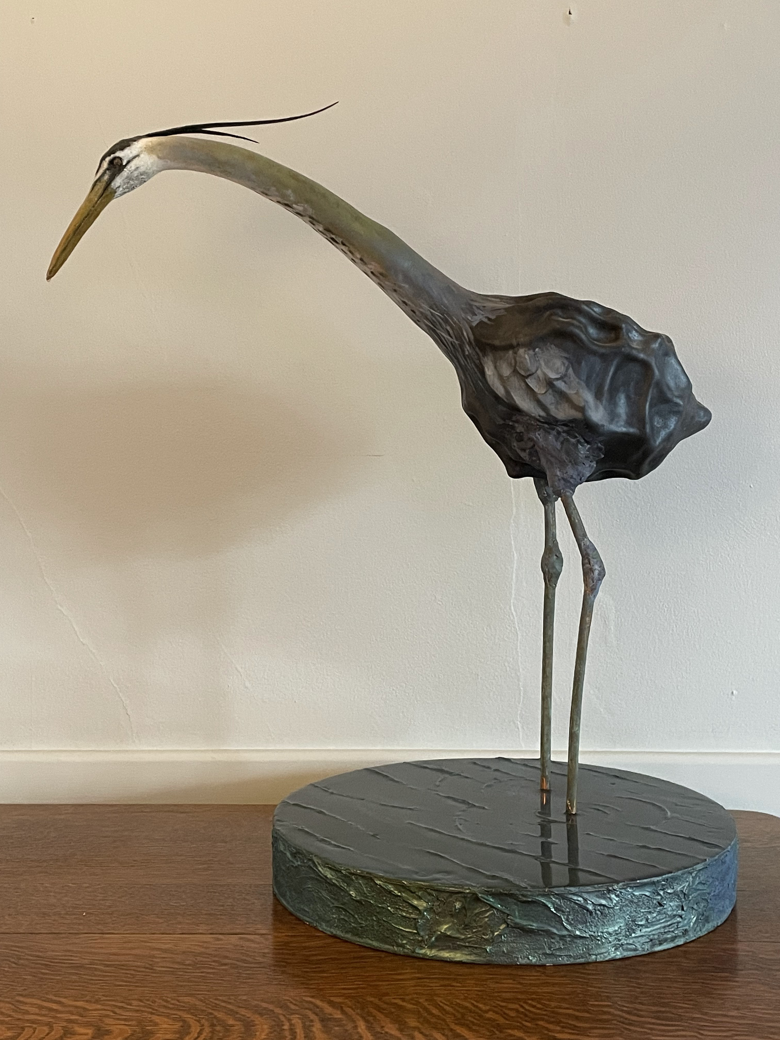 Great Blue Heron, 2017, 18x27 Gourd, Copper and Polymer Clay. PRIVATE COLLECTION