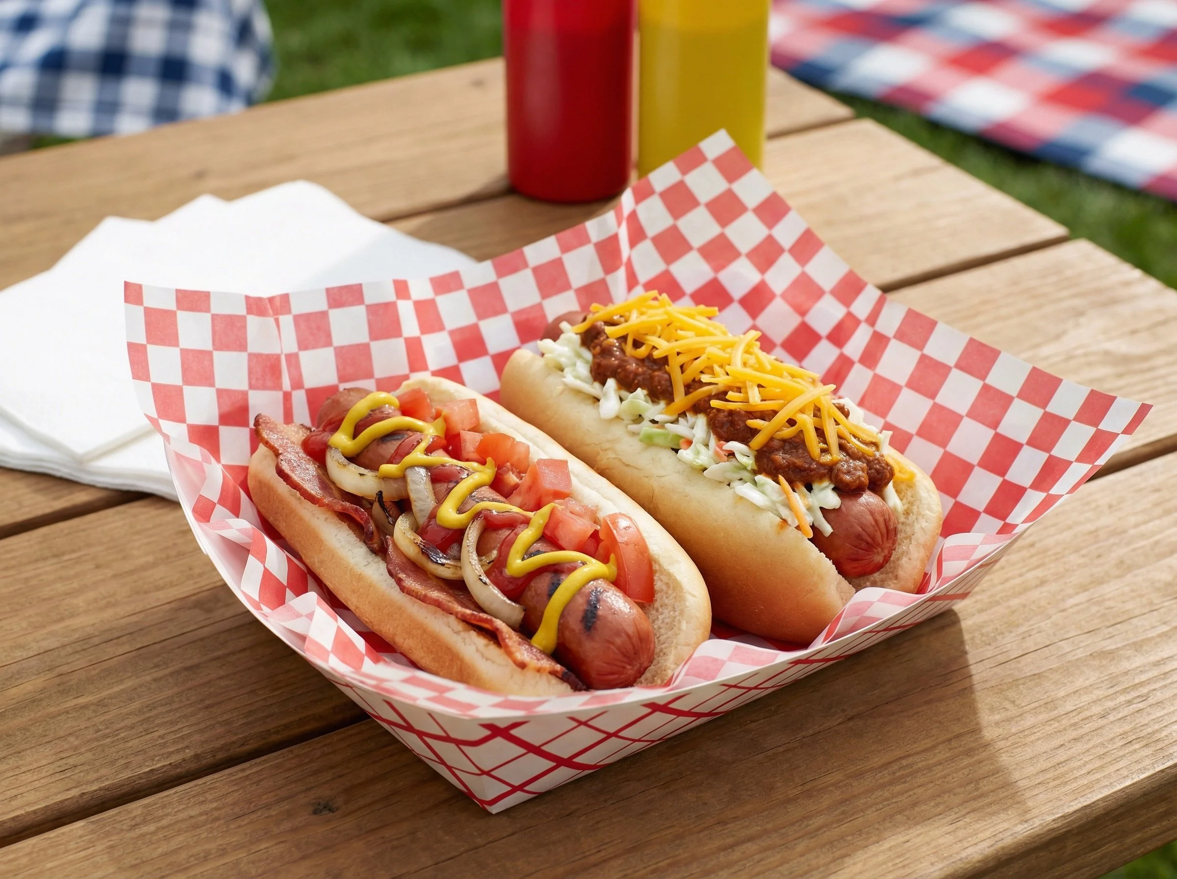 Two hot dogs in a checkered boat on a picnic table
