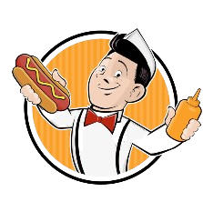 Chef serving hot dog ketchup mustard catering serving