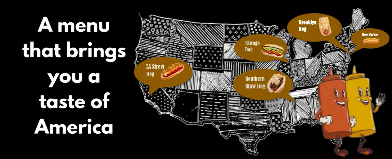 American Map Hot Dogs Ketchup Mustard LA Street Dog Chicago Dog Southern Slaw Dog Brooklyn Dog New Yorker Hot Dog