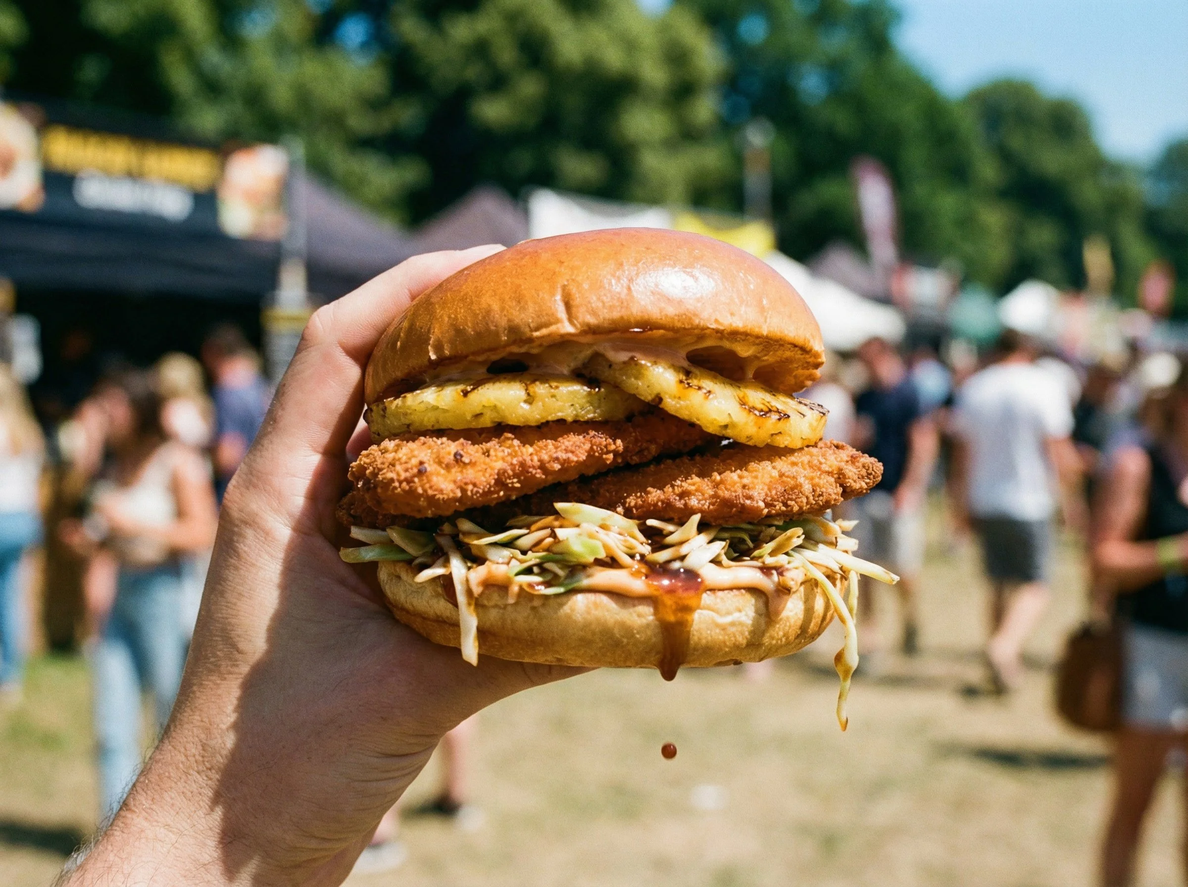 Breaded chicken sandwich asian-style with slaw and pineapple