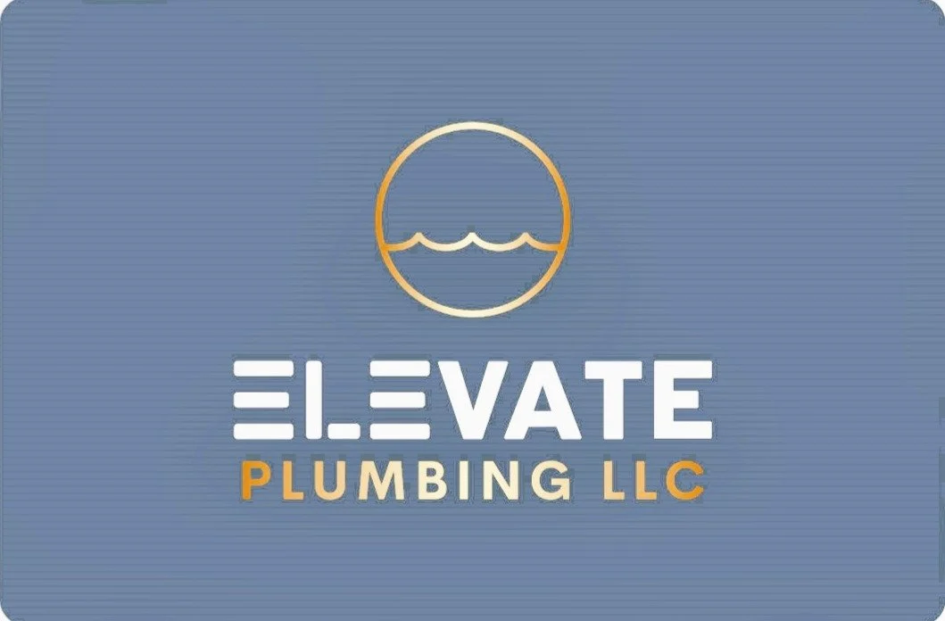 Logo of Elevate Plumbing LLC featuring a circular symbol with water waves inside, above the company name in white and gold text on a blue background.