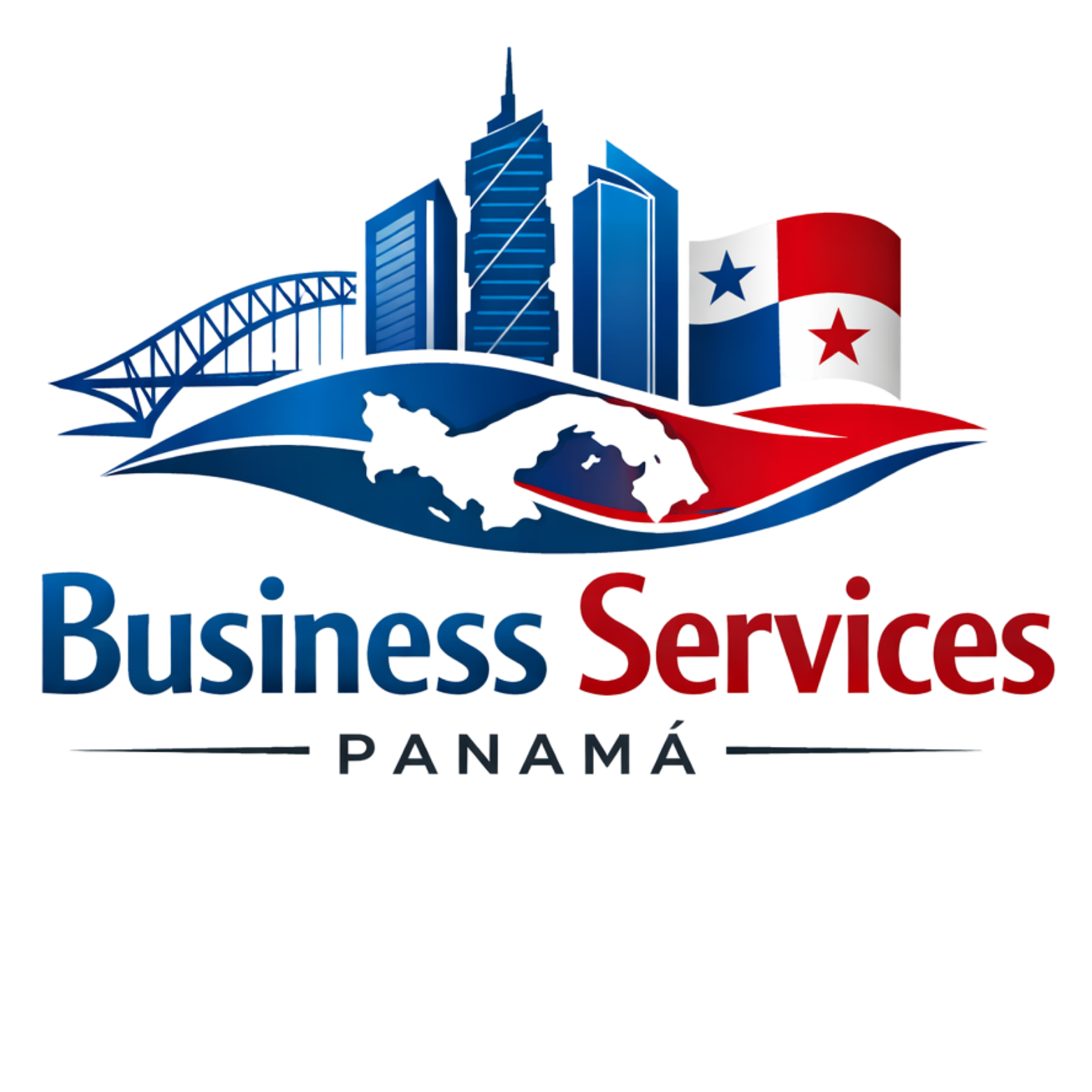 Logotipo de Business Services Panamá con edificios modernos, un puente y la bandera de Panamá en colores azul, rojo, y blanco.