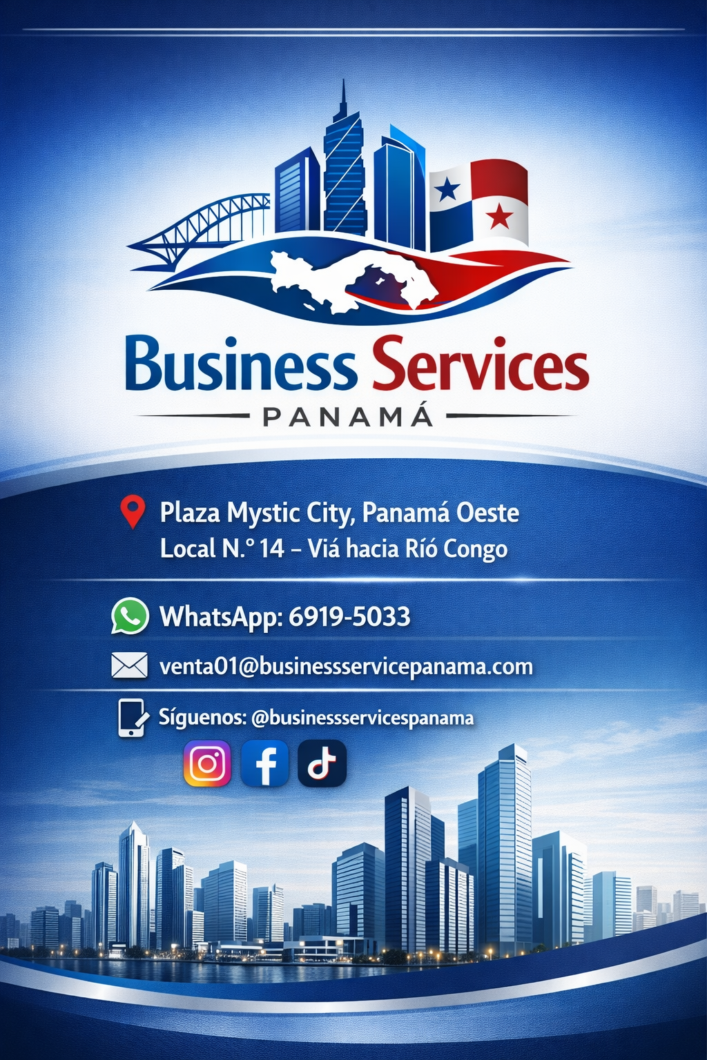 Logo y datos de contacto para Business Services en Panamá, con ilustraciones de edificios de ciudad y elementos que representan Panamá y su economía.