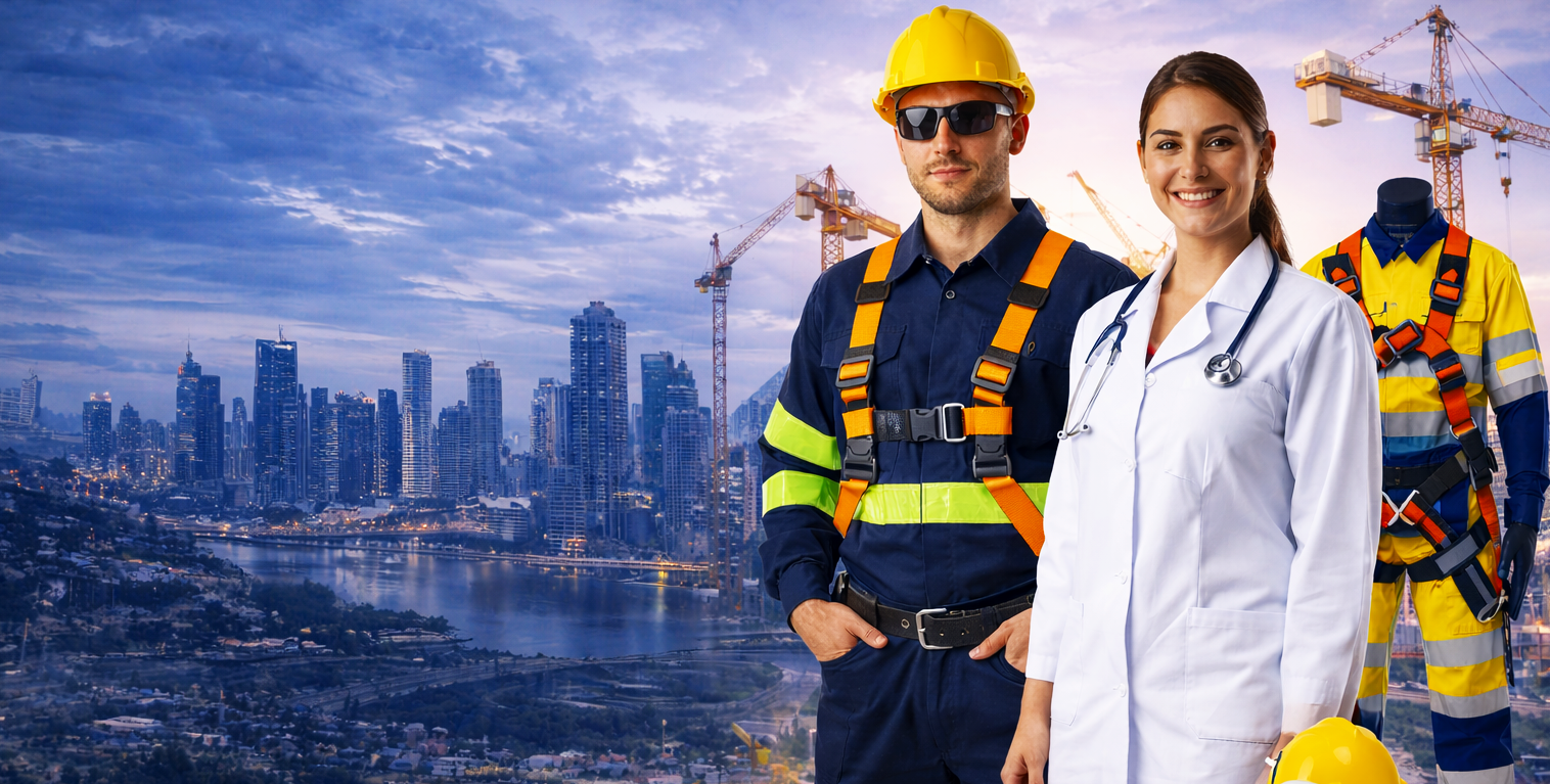 Profesionales en construcción y medicina en una ciudad con edificios y grúas al atardecer.