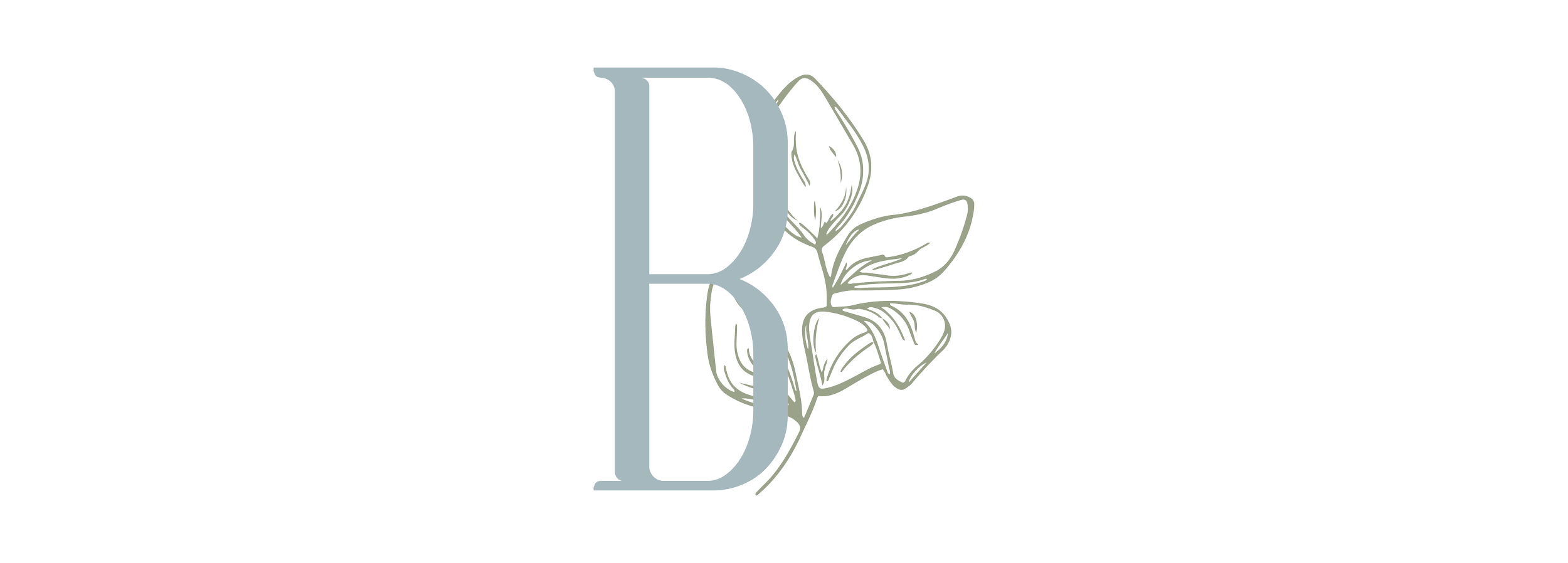 Logo with large letter 'B' and a flower illustration behind it.