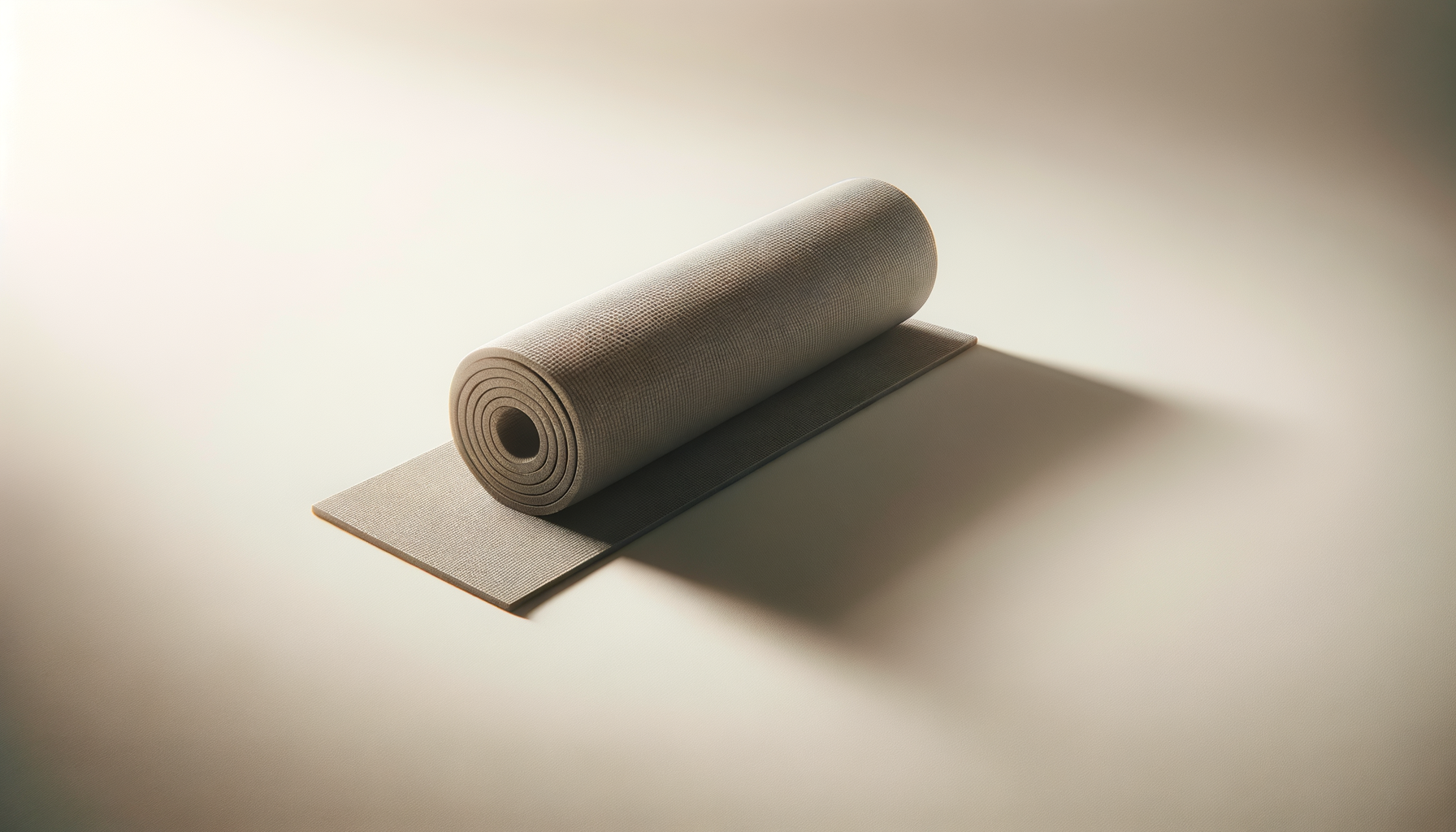 A rolled-up gray yoga mat partially unrolled on a plain light-colored surface, casting a shadow to the right.