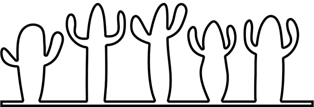 A line drawing of five cacti with arms, varying in size and shape, outlined in white.