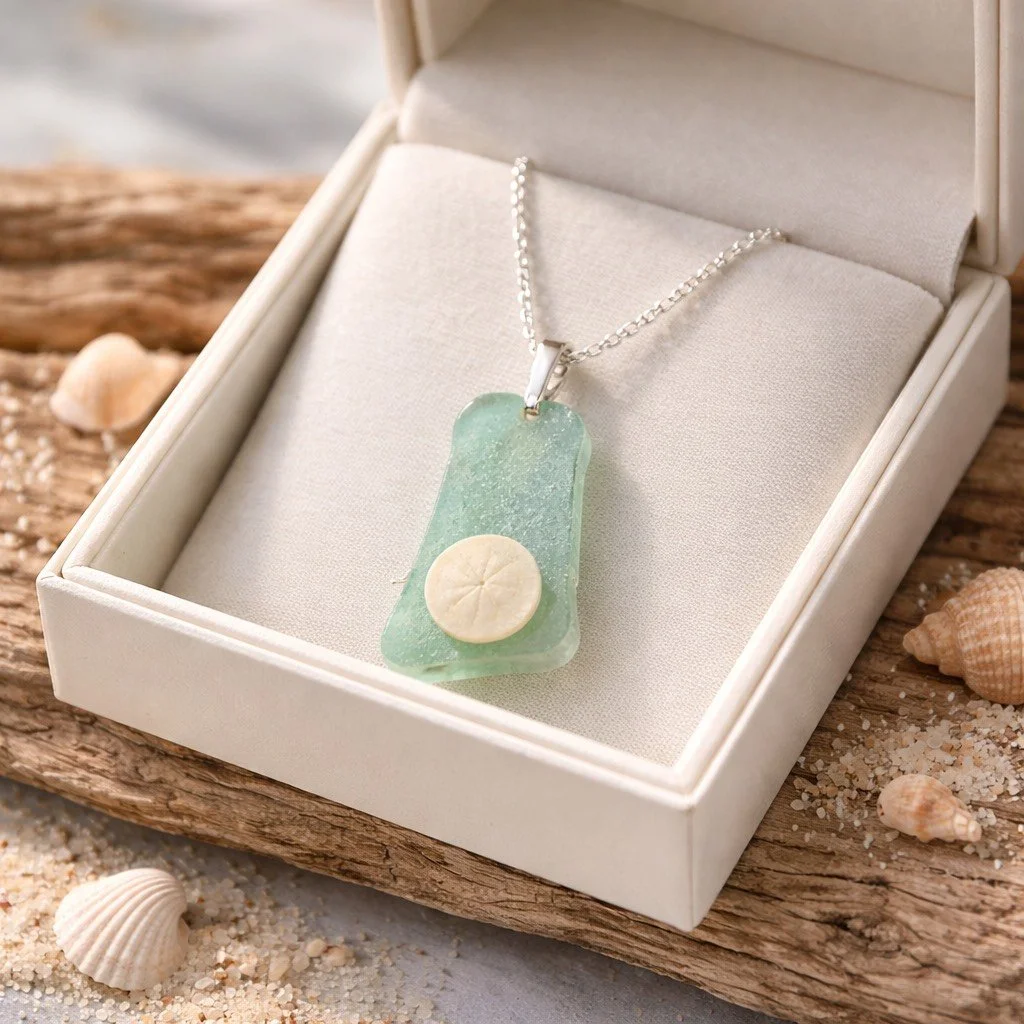 Green Sea Glass Pendant with Sand Dollar