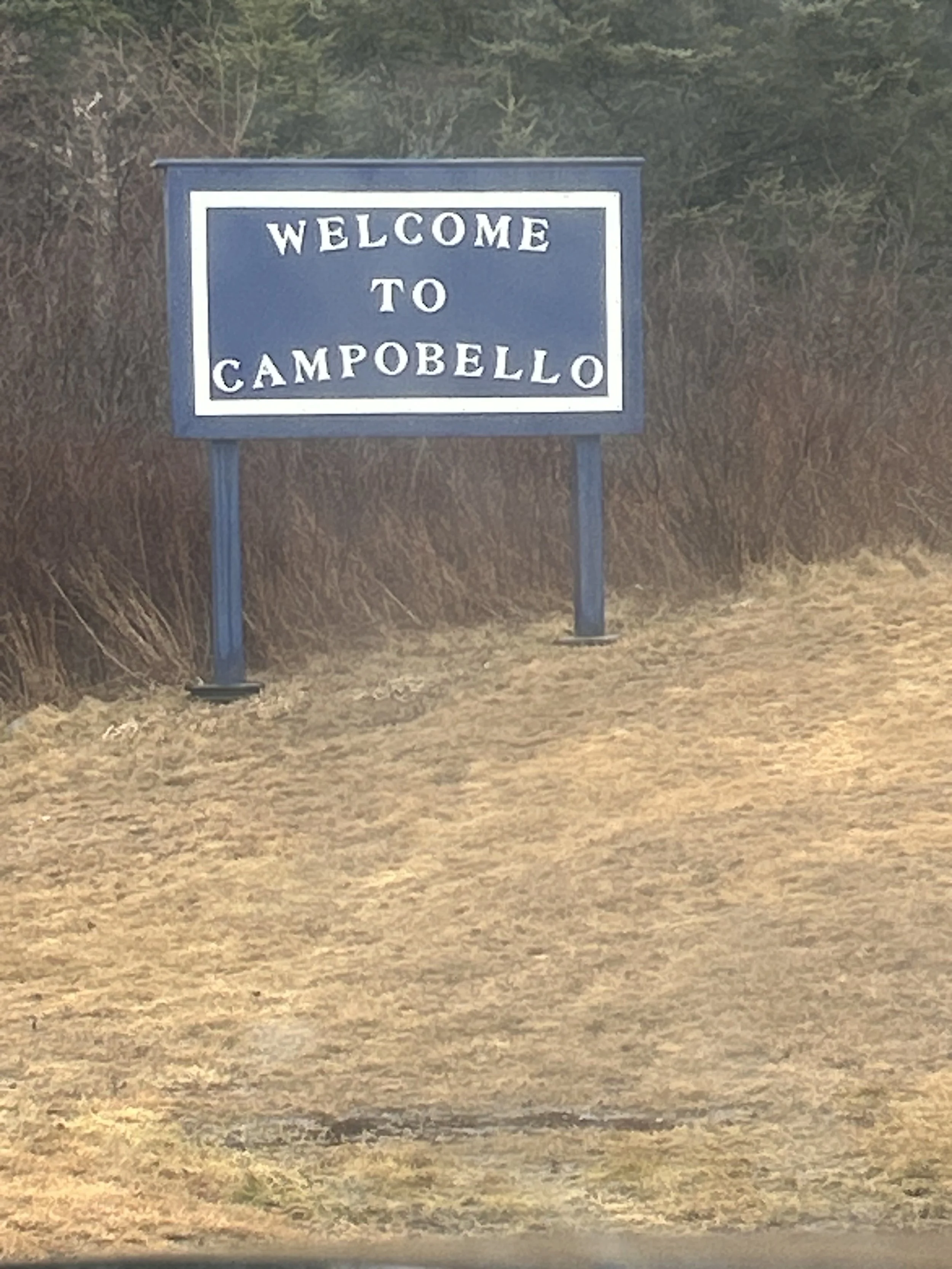 A blue welcome sign on highway roadside says 'Welcome to Campobello' with grass and trees in the background.