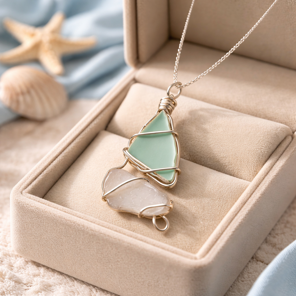A pendant necklace with a wire-wrapped sea glass pendant in a jewelry box, with starfish and seashells in the background.