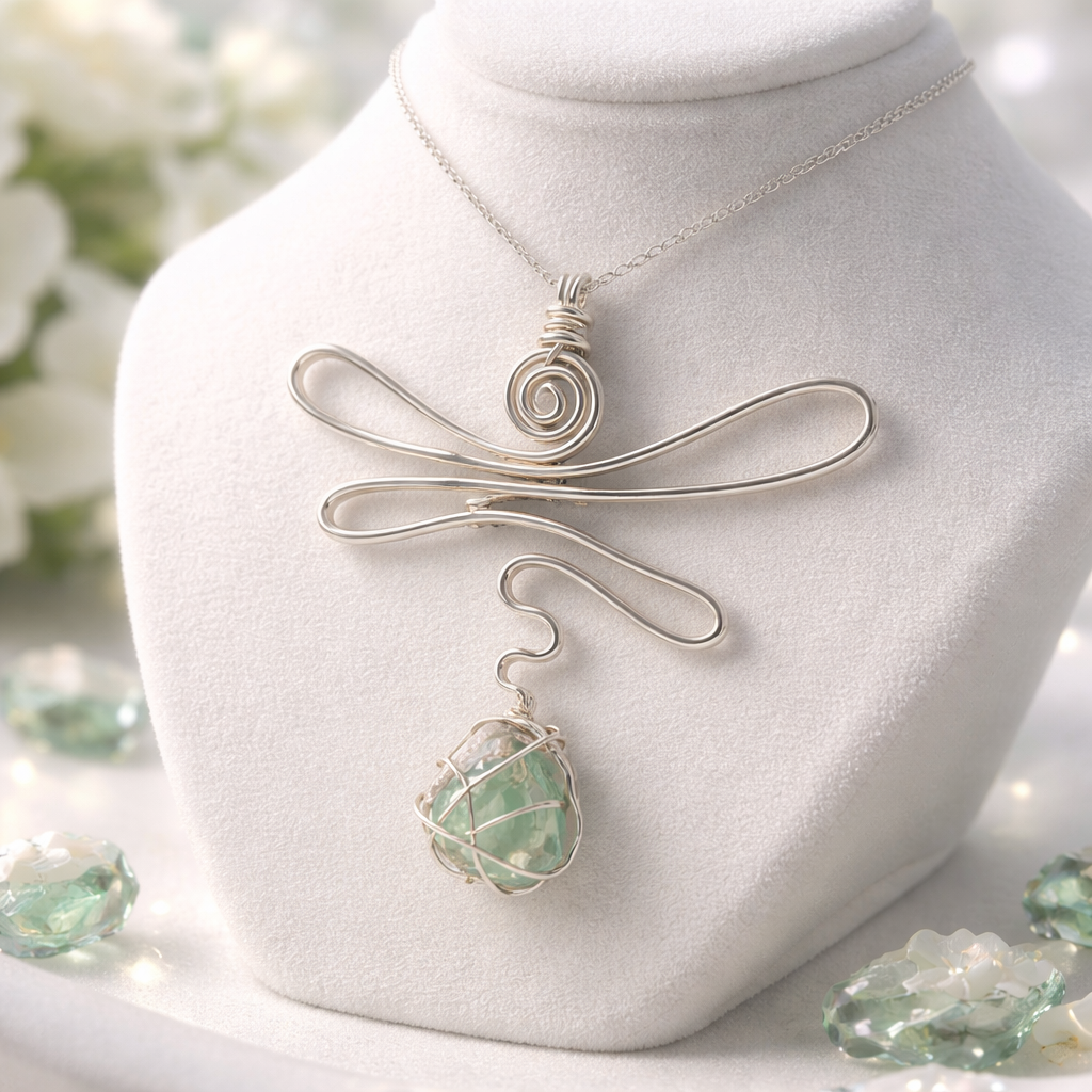 Handmade Dragonfly Necklace with Light Teal Sea Glass