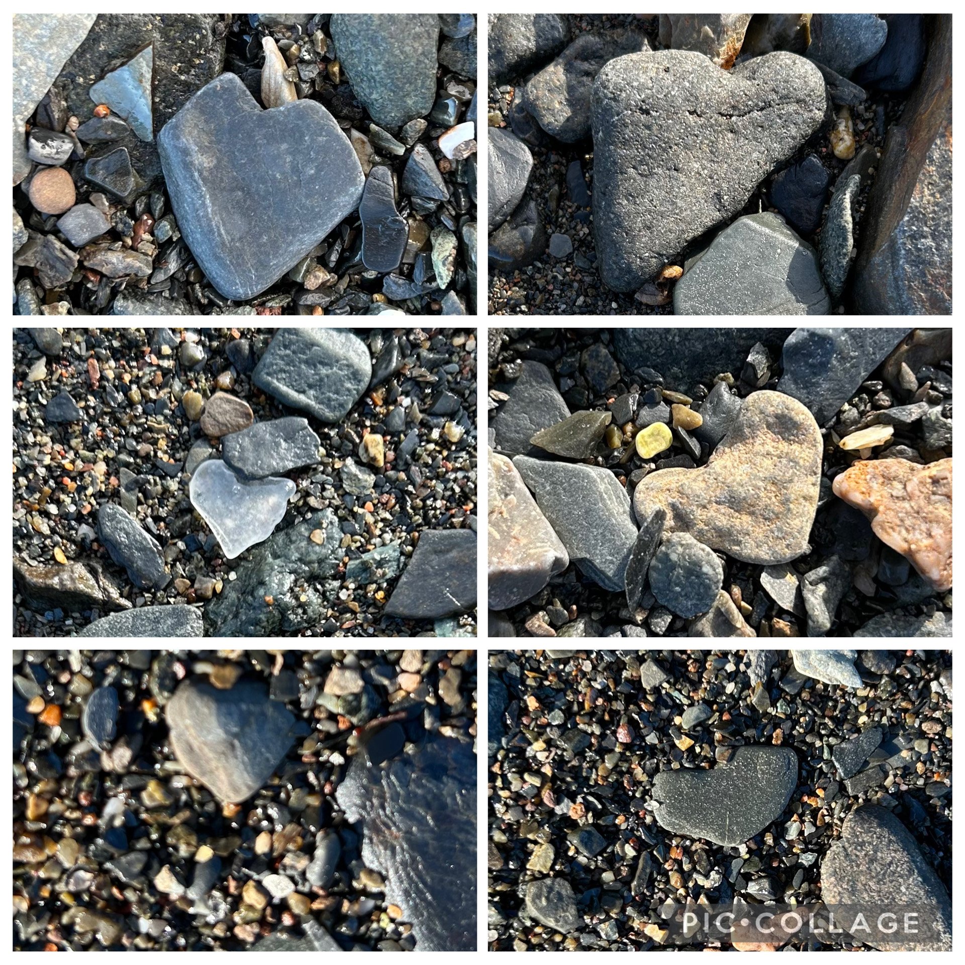 Close-up images of various rocks and pebbles on a beach, with some shaped like hearts.