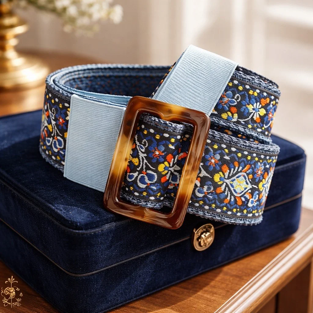 Navy and Light Blue Bohemian Print Adjustable Belt