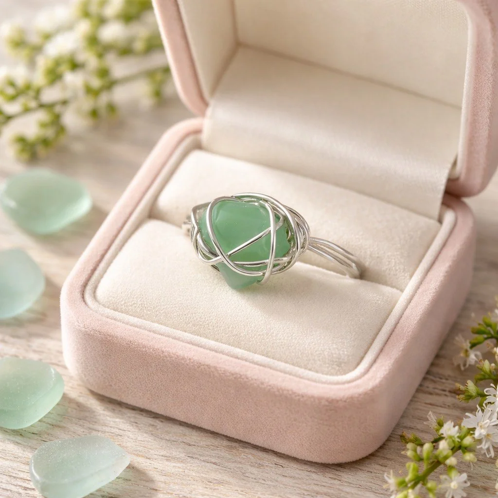 Teal Sea Glass & Silver Wire Ring