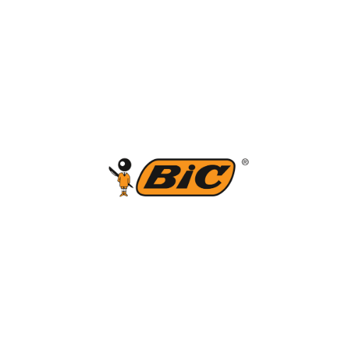 BIC logo with a small cartoon characte holding a pen next to the logo