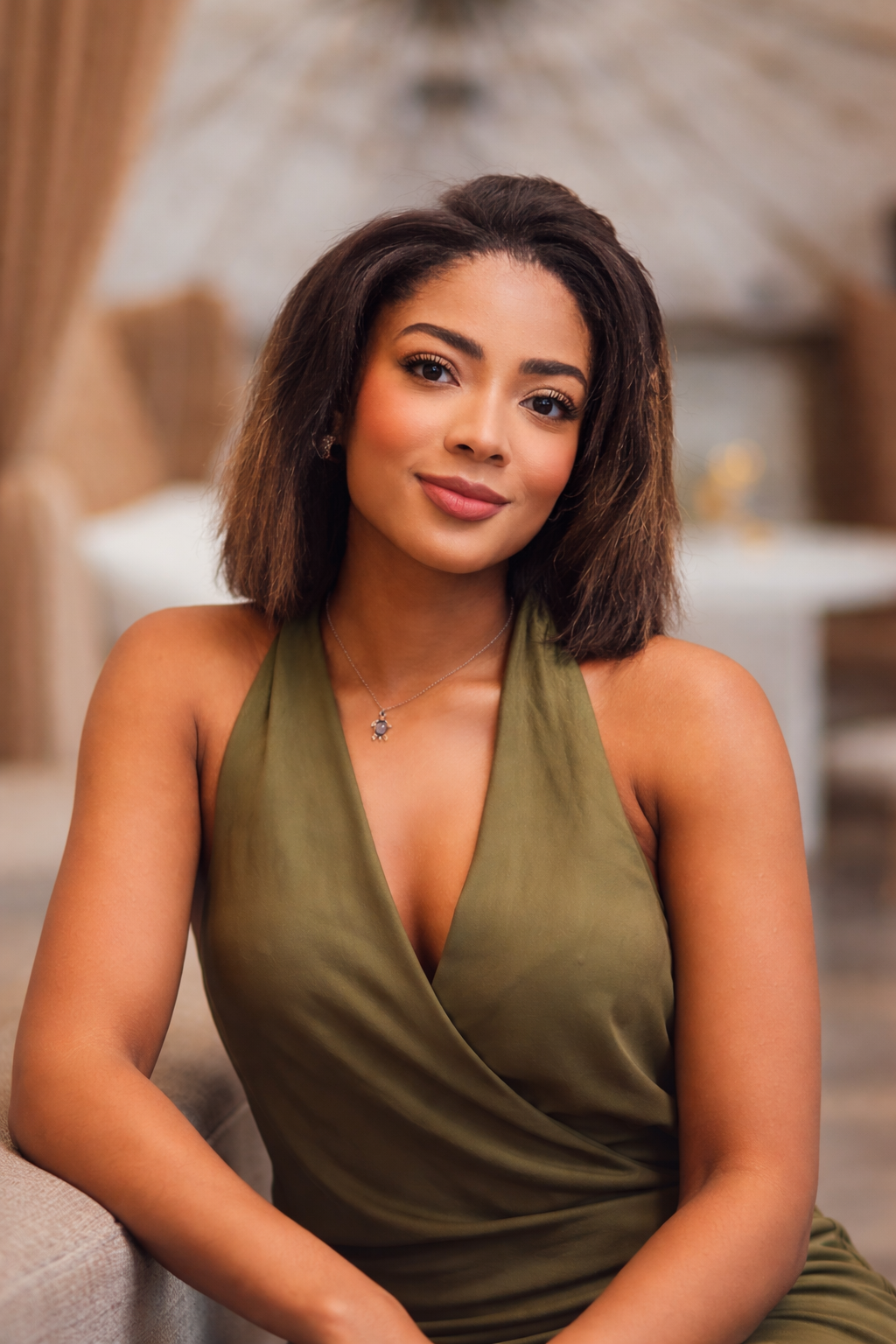 A young woman with shoulder-length dark hair, wearing a sleeveless olive green dress and a necklace, sitting on a sofa in a warmly lit room, smiling softly at the camera.
