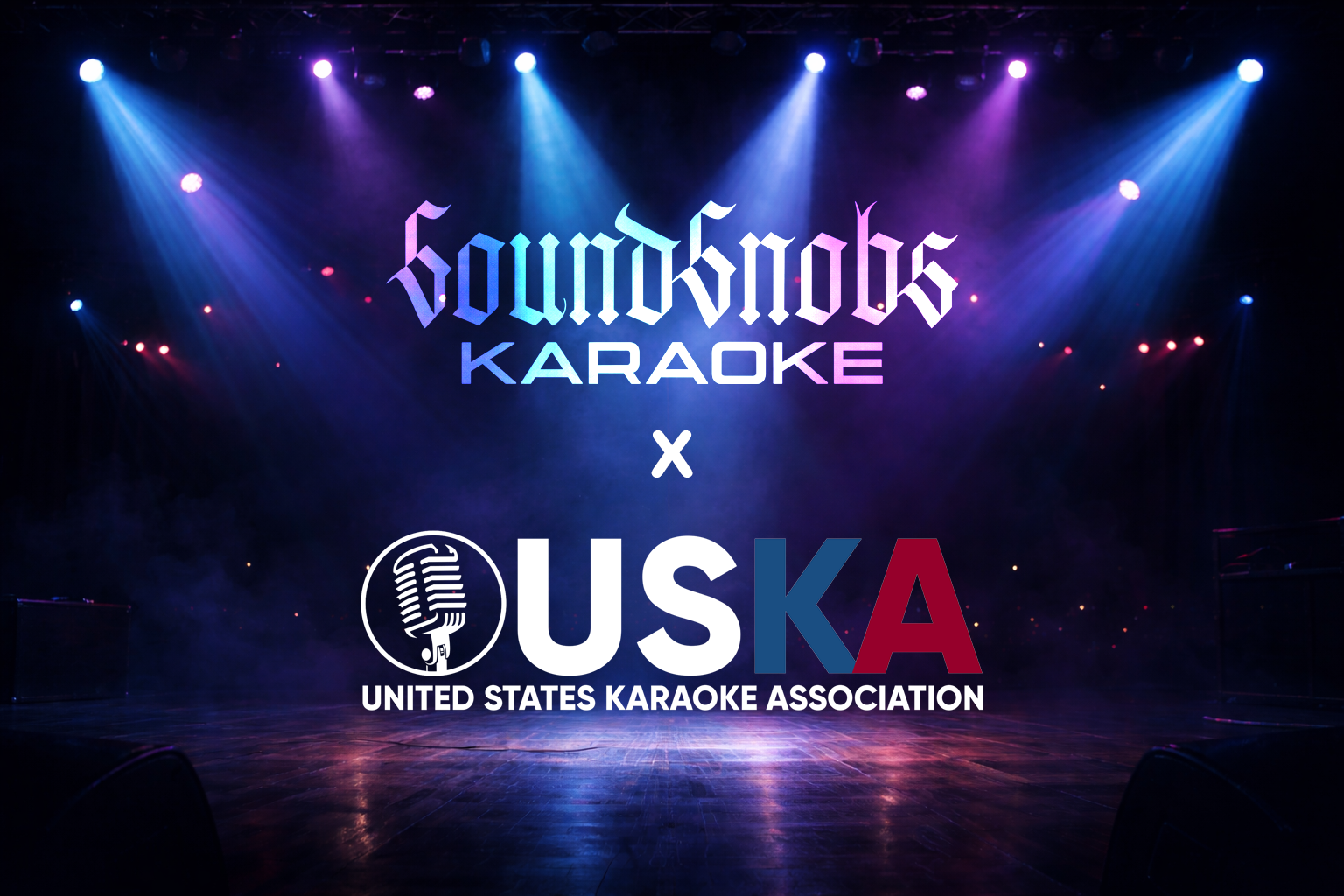 Stage with purple and blue lighting and the words 'Soundblocks Karaoke' in gothic style font and 'USKA United States Karaoke Association' logo with microphone icon.