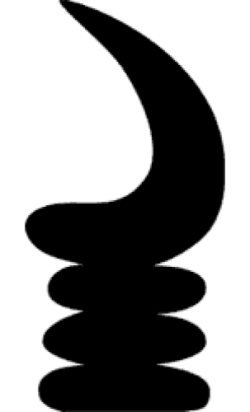 A stylized black and white illustration of a rocket with a curved body and flame at the bottom.